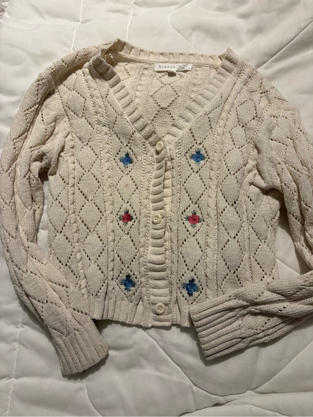 btween Cream Eyelet Cardigan with Blue and Pink Floral Embroidery
